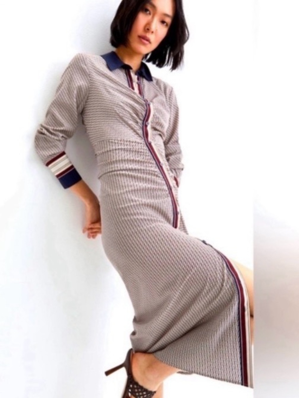 Veronica Beard Taupe Patterned Long-Sleeve Button Dress with Navy Collar